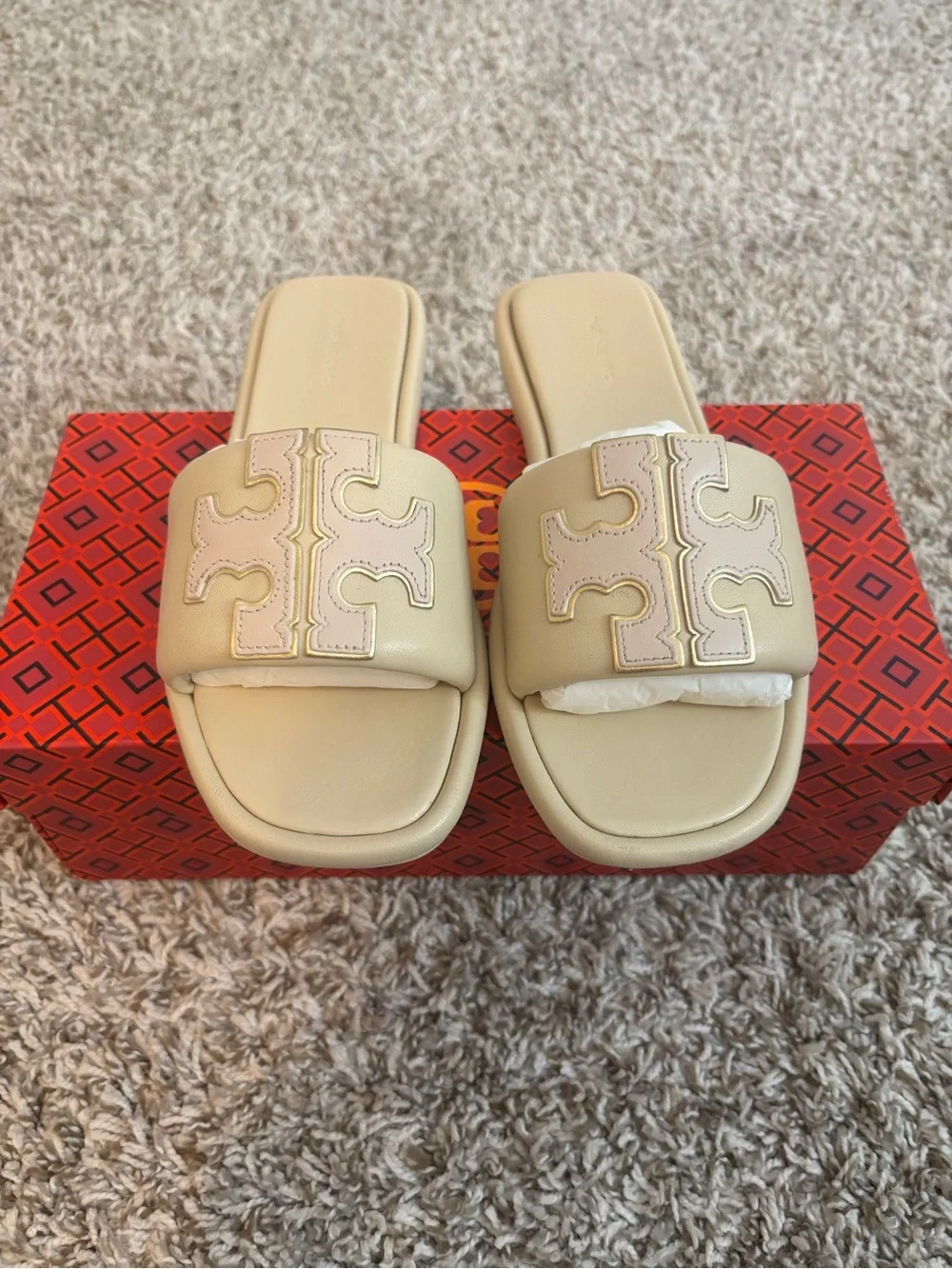 Women's Ivory Slide Sandals - Designer-Inspired Logo Detail